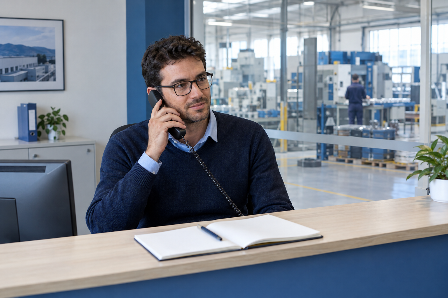 Addetto alla reception di un’azienda produttrice risponde al telefono